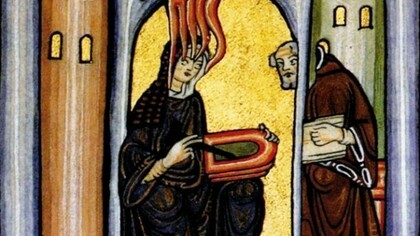 Ildegarda di Bingen ritratta nel Rupertsberger Codex del Liber Scivias, 1151 d.C. (dettaglio)