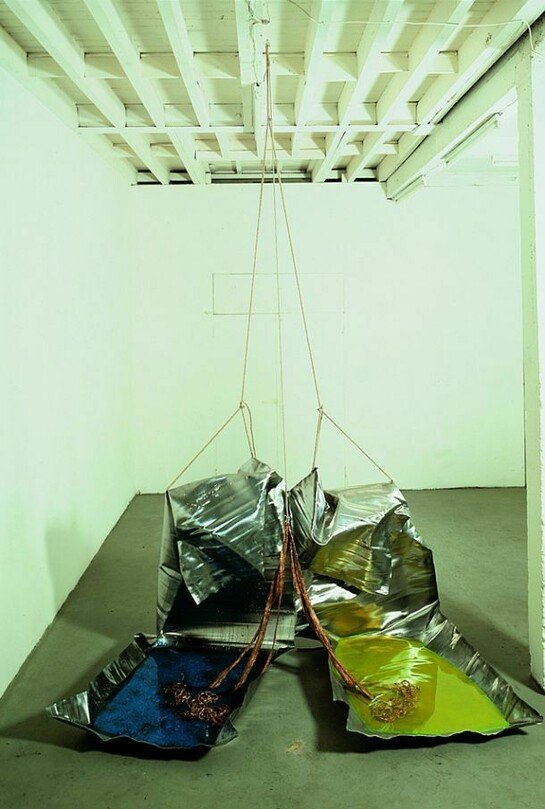 Gilberto Zorio, Leads II, 1968, Sheets of lead, copper sulphate, hydrochloric acid, copper braid, rope, Dimensions variable, image Courtesy of the Artist and Blain|Southern