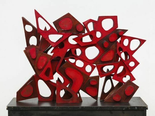 Mel Kendrick, Red Wall #6, 2013, mahogany and red japan color, 29 x 40 x 8 in, 73.7 x 101.6 x 20.3 cm