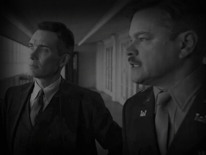 A scene with Oppenheimer and the Manhatten project chief, Col. Leslie Groves