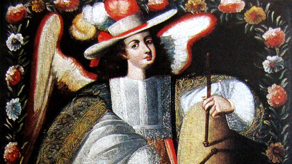 Imagen del Ángel Hosiel, Iglesia de San Francisco de Paula, Uquía, Jujuy, Argentina. Las pinturas de ángeles arcabuceros constituyen una de las expresiones más singulares del arte colonial andino