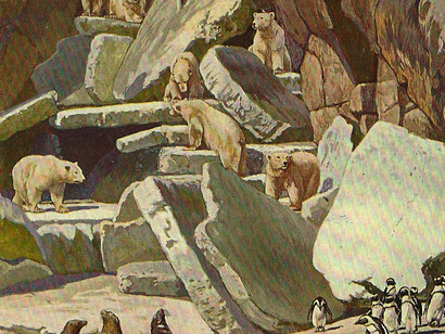 The German showman and animal trader Carl Hagenbeck revolutionized wildlife displays with more natural-looking settings. In his unfenced “Northland Panorama” at the Stellingen-Hamburg Tierpark—shown here in 1910—species seemed to coexist harmoniously, but were separated by moats invisible to visitors. (Postcard in author’s collection)