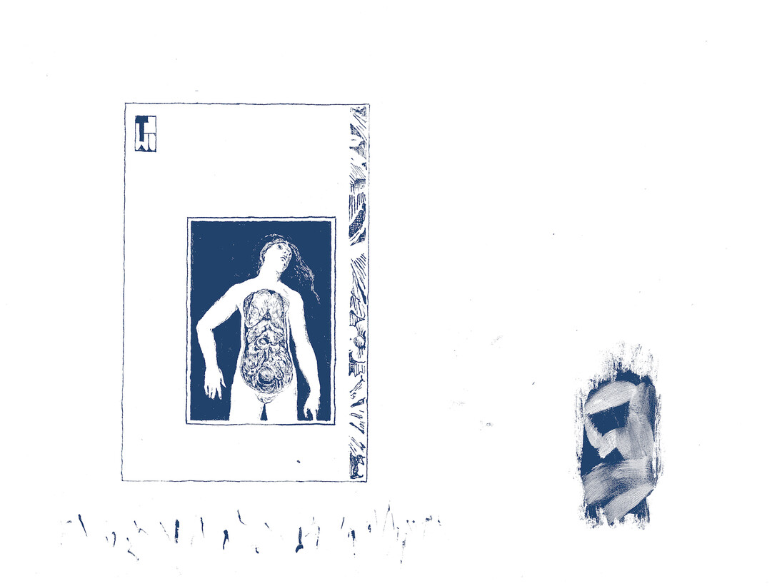 Jamie Crewe, Cover design for Monsieur Venus, drawn with a knife, 2016.