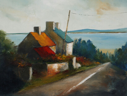Padraig McCaul, Dugort Houses, Achill, Oil on Canvas, 60 cm x 60 cm
