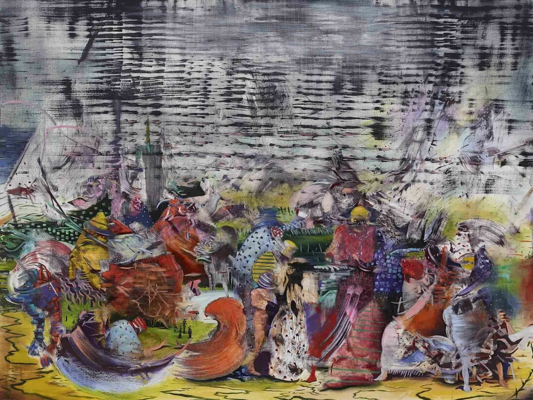 Ali Banisadr, Civilization 2014 Oil on linen 167.6 x 223.5 cm / (66 x 88 in) Photo: Todd White, 2014, Image courtesy of the artist and Blain|Southern © the artist, Photo: Jeffrey Sturges, 2014