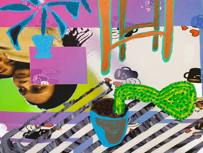 Benjamin Duax, Cactus and Ladder Chair (detail), 2023. Acrylic Paint on Custom Printed Canvas, 22 × 30 in | 55.9 × 76.2 cm. Courtesy of the artist and Hyacinth Gallery
