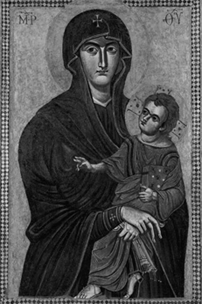 Anónimo, "Salus Populi Romani". Cerca del siglo VII. Óleo y encáustica sobre tabla.
Basílica de Santa María la Mayor, Roma, Italia