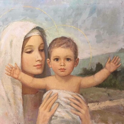Pino Roveda, Madonna con bambino, dipinto su tela, 1958, 36x46 cm