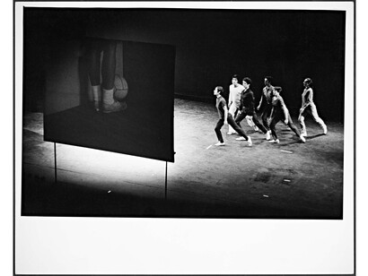 Yvonne Rainer, Volleyball projected during Film from The Mind is a Muscle (1966–68), Anderson Theater, New York, April 1968, Photo: Peter Moore © Barbara Moore / Licensed by VAGA, NY