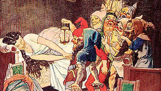 Snow White slumbers upon the bed, while the Seven Dwarfs patiently await her awakening
