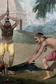 A goat being slaughtered at Kali Puja. Painting by an Indian artist dated between 1800 and 1899