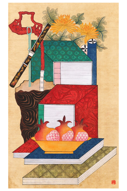 Su Young Lim, Scholars' Bookshelves and Stationary (Chaekgeori), 21x12.5, dyed mud pigments on handmade sumac paper, 21x12.5 inches. Courtesy of Kate Oh Gallery