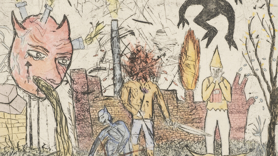 Oliver McConnie, Factory Town, 2015. Hand-coloured etching