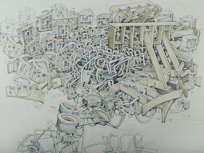 Kiel Johnson, Basic Layout - graphite & watercolor on paper mounted to panel - 42 x 58 - 2014