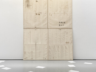 Fabian Herkenhoener, Free Day, 2020, dust, soil, dirt, grass stains, spray paint on canvas, variable size, Photo Mareike Tocha, courtesy Priska Pasquer, Cologne. 