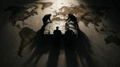 World leaders and strategists gather around a table beneath a giant world map, reflecting the complexities of global power, diplomacy, and decision-making