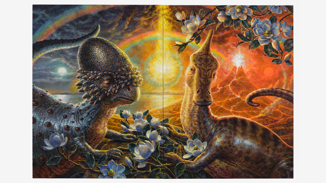 Thomas Woodruff,
Penumbral Pavane, 2023.
Acrylic on canvas,
Three panels, 60 x 72 inches (152.4 x 182.9 cm) overall
© Thomas Woodruff; Photo by Argenis Apolinario; Courtesy the artist and Vito Schnabel Gallery