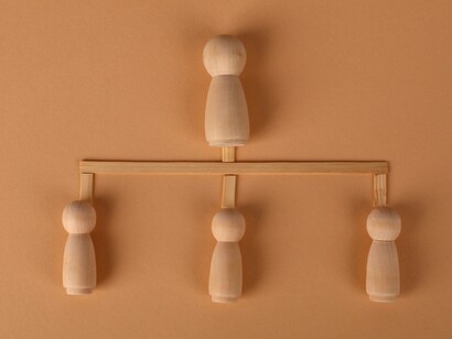 A group of wooden figures positioned beneath one figure at the highest level, symbolizing the structure of leadership and obedience in the workplace