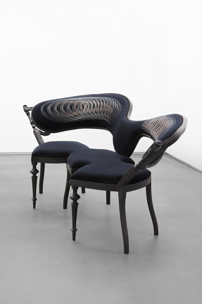 Sebastian Brajkovic, Conversation Piece, 2015, patinated bronze, cashmere wool, silk embroidery, h81 l181 w80 cm / h33.8 l73.03 w33.7 in, limited edition of 8 + 4 ap, Courtesy Carpenters Workshop Gallery