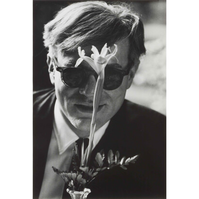 Dennis Hopper Andy Warhol with Flower, 1963 Silver Gelatin Print 23.7 x 18 inches ; 60.10 x 45.7 cm © The Hopper Art Trust. Courtesy of The Hopper Art Trust and Gagosian Gallery