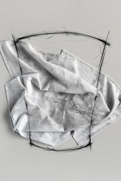 Senza titolo con B.C., 2015, cotone ricamato, polvere, grafite, polistirene, cm 55x68x4 