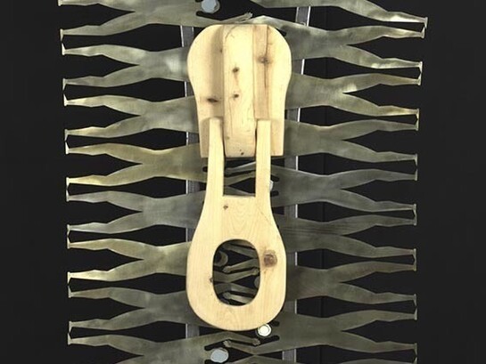 Ettore Saccà, Cerniera, 247 x 126 cm, dettaglio, mix media, acciaio, legno naturale, smalto, 2013