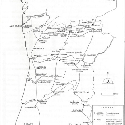 Mapa de vias e povoações romanas do norte de Portugal, a partir de Portugal Romano, de Jorge de Alarcão
