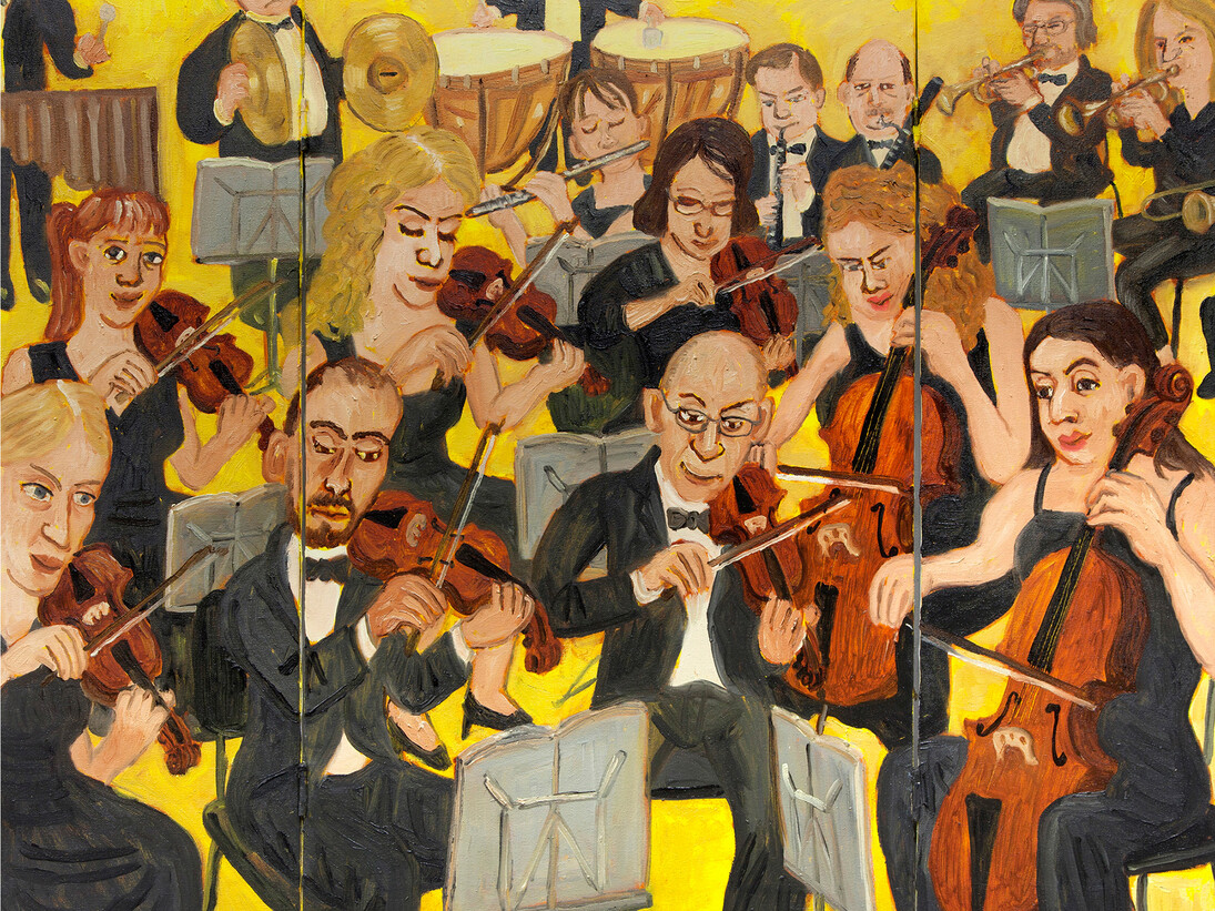 Jiro Osuga, Orchestra, 2014, Oil on canvas, closed: 30 1/8 x 19 1/8 in, open: 30 1/8 x 37 1/2 in, Image courtesy of Flowers Gallery, London and New York
