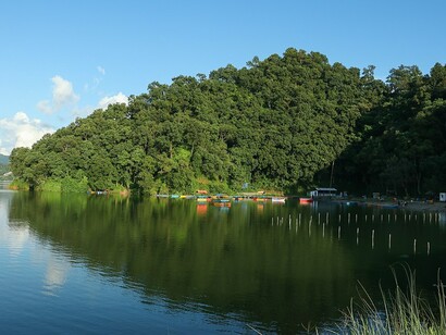 Begnas Lake in Lekhnath, Kaski District, Nepal, surrounded by hills and traditional villages