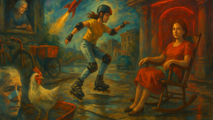 A surreal, dreamlike oil painting captures the fusion of modern disconnection and poetic imagination