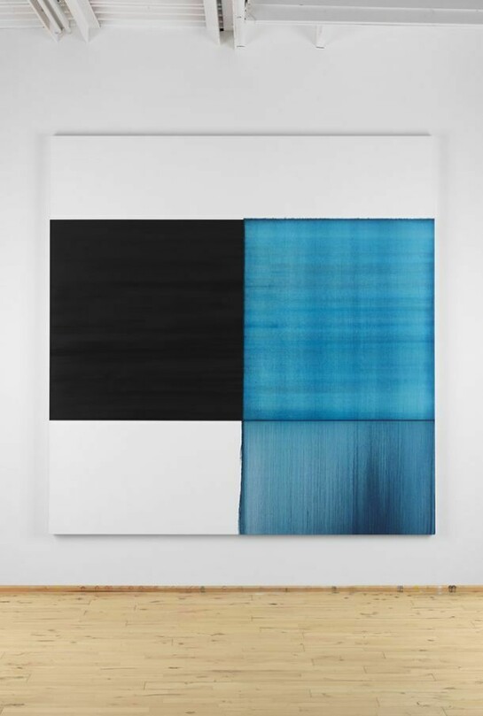 Callum Innes, Exposed Painting Blue Lake, 2013, Oil on linen, 240 x 232 cm, ©H Kosaniuk Courtesy Sean Kelly, New York