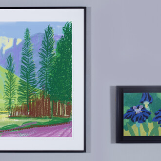 Left: David Hockney "Untitled No. 12" from "The Yosemite Suite"  Right: Heihachiro Fukuda  Blue flags ⒸTHE CLUB
