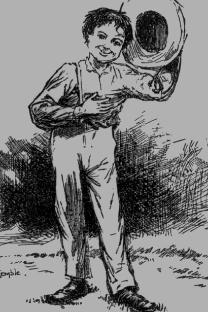Drawing of Huckleberry Finn holding a rabbit and a gun, from the original 1884 edition