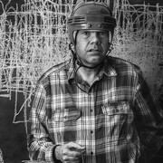 Jeannie O'Connor, Creative growth artist Danny Miller with chalkboard drawing (detail), 2016. Courtesy of Transmission Gallery