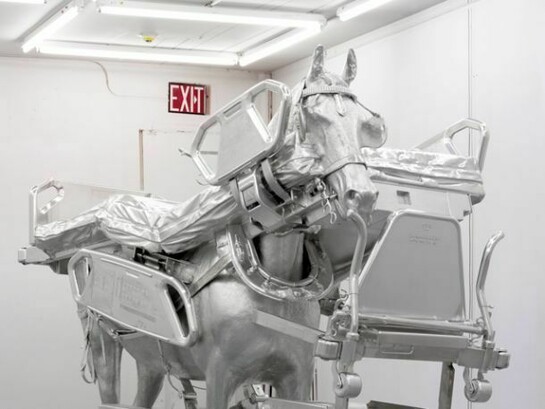 Urs Fischer, Horse/Bed (detail), 2013, Milled alluminum, galvanized steel, screws, bolts, two-component resin, 85 7/8 x 103 5/8 x 43 3/4 inches (218.2 x 263.1 x 111.1 cm), Edition of 3 & 1 AP, © Urs Fischer. Courtesy of the artist and Gagosian Gallery, Photo by Stefan Altenburger