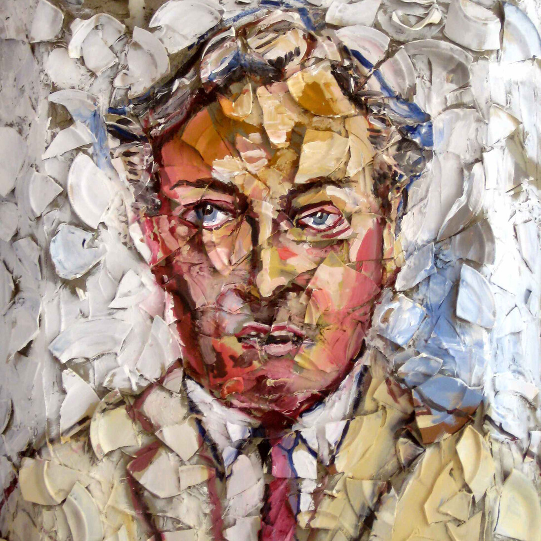 Julian Schnabel, Portrait of Geoffrey Bradfield (detail), 2009, Plates, Bondo on Wood, 60 x 48 in / 152.4 x 121.9 cm