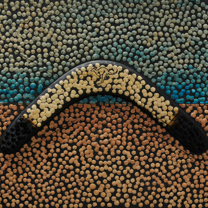 Daniel Boyd, Untitled (AIAFNSCAI) (detail), 2023. Oil, watercolor, pencil, found boomerang, and archival glue mounted on wooden panel, 11 3/4 x 19 3/4 in. / 30 x 50 cm. Courtesy of the artist and Marian Goodman Gallery
