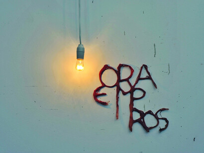 Kyriakos Mortarakos, Ora Empros (detail), installation, variable dimensions, silicon, light and naval sign, 2008-14, Spring, paper construction on metal stand, 2013-14