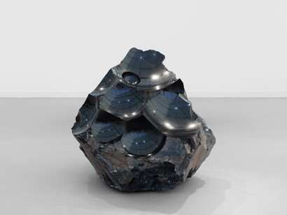 Julian Charrière, Thickens, pools, flows, rushes, slows, 2020, obsidian, 41 5/16x45 1/4x59 1/16 inches, photo by Sebastiano Pellion di Persano, © Julian Charrière / VG Bild-Kunst, Bonn 2023. Courtesy of Sean Kelly