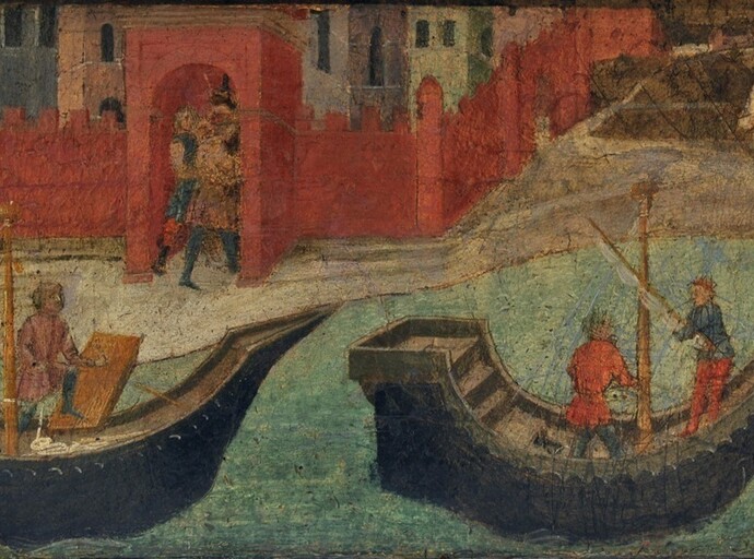 Compartiment d’une prédelle : navire et ville, Italie, seconde moitié du XVe siècle, Tempera sur bois, H.27cm ; L.38, 5 cm, Florence, Museo Stibbert. Inv. 16212 © Museo Stibbert, Firenze
