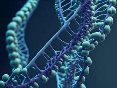 Engineered DNA-like structures forming an intricate molecular structure, representing the rise of synthetic biology and designed life forms