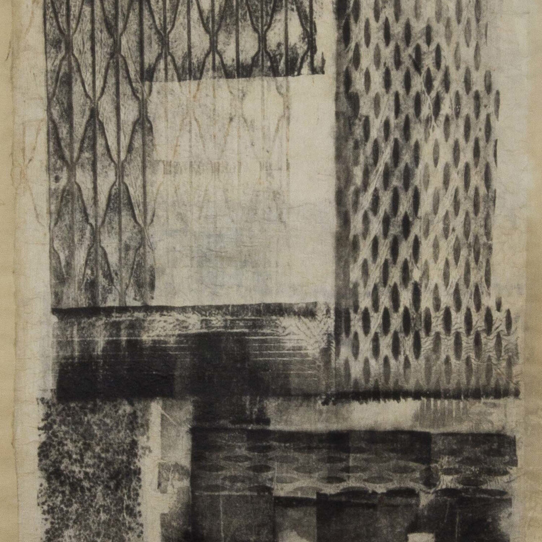 Sari Dienes, Subway (detail), c. 1953–1955, Ink on webril, 75 x 33 inches. Courtesy of The Sari Dienes Foundation, Pomona, NY. © Sari Dienes Foundation/Licensed by VAGA, New York