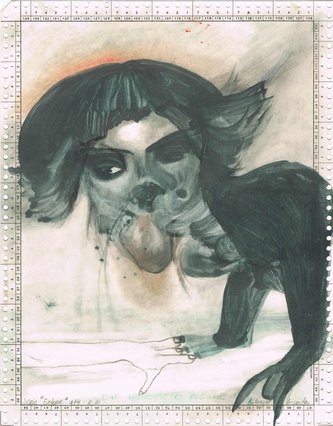 Anya Belyat-Giunta
Extase #14, 2014
Graphite, crayon liquide, pigment sur carte perforée
27 x 21 cm
Courtesy de l’artiste et Galerie Céline Moine