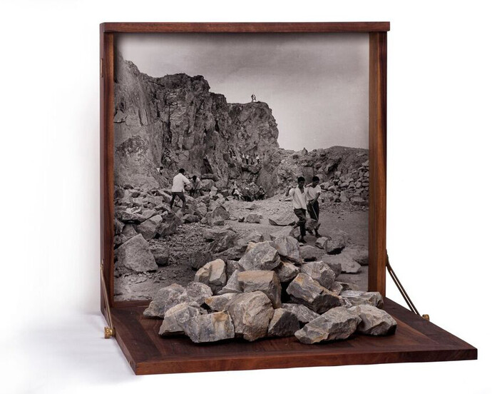 Cai Dongdong The Mountain Cutters, 2017 Gelatin silver print, stones, wood20 1/2 x 21 7/8 x 22 1/4 inches (52 × 55.5 × 56.5 cm)© Cai Dongdong, courtesy Klein Sun Gallery