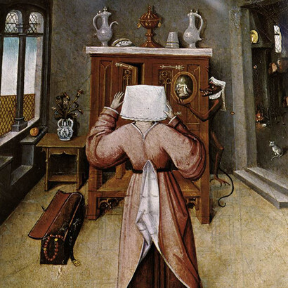 A soperba na famosa representação dos sete pecados capitais de Hieronymus Bosch, 1485