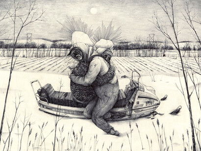 Pat Perry, Snowmobile, 2014 ink on paper. Courtesy of Dorothy Circus Gallery 