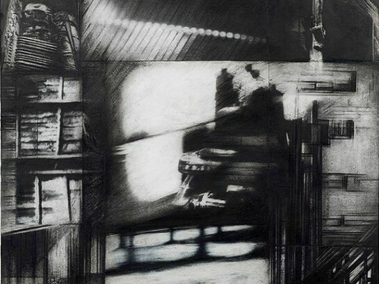 Untitled, 2013, Image transfer, Sumi ink, compressed charcoal, and collage on paper, 14 x 17 inches, Framed: 18 5/8 x 21 3/4 inches