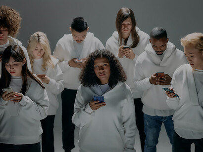 Individuals dressed in white, immersed in their phones, offer a snapshot of the prevalent influence and potential drawbacks associated with social media and smartphone addiction