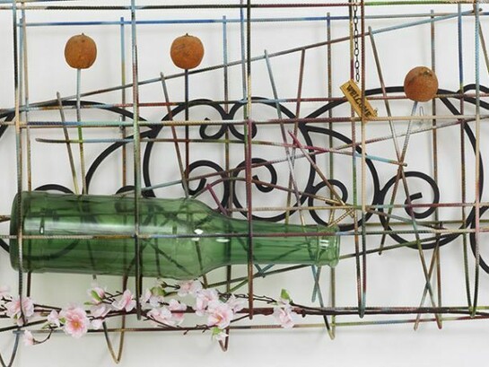 Jack Lavender, Dreams Chunky 8 2013, Metal, welcome sign, dried oranges, fake plant, large plastic bottle, paint, metal bed head, chain, 67x122x43 cm, 26.4x48x16.9 ins, AP-LAVEJ-00078