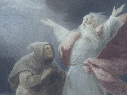 Acuarela que representa al Rey Lear y al Loco en la tormenta del Acto III, Escena II, de la tragedia de Shakespeare